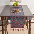 Amerikaanse vintage tafelloper met donkerblauw bloemmotief en kleurrijke jacquard kwastjes - Kers Jacquard Rode Kwastjes / Korte Loper