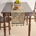 Vintage floral table runner with jacquard pattern and green tassels on wooden table - 33x120cm / Green Oil Painting Green Tassels