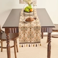 Vintage floral table runner with colorful fringe tassels on a dark wood dining table - 33x120cm / Plum Blossom Coffee Tassels