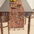 Ethnic bohemian table runner with paisley jacquard patterns and colorful fringe tassels - Standard Runner / Paisley Jacquard Coffee Tassels