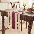 Handwoven table runner with red and cream stripes and decorative tassels on wood table - Burgundy Triple Stripe White Tassel / Placemats: 30-50 (including Tassels)
