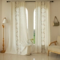Beige linen blackout curtains with floral vine embroidery and tassel fringe decor - 140-45 / Pink Orchid Embroidered Off-white Curtain (Rod Pocket)