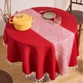 Nappe ronde rouge en coton et lin avec motifs géométriques et bordures à pompons - 150cm Rond / Rouge (Géométrique)