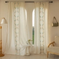 Creamy beige cotton linen curtains with blue floral embroidery and fringe trim details - Rod Pocket / Short Spec (140-45) / Cyan Orchid