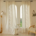 Creamy white cotton-linen curtain with brown vine embroidery and tassel trim edge - Rod Pocket / Short Spec (140-45) / Fusu Yellow