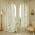Cream linen curtains with green vine embroidery and fringe trim in rustic farmhouse style - 140-45 / Fusu Green Embroidered Off-white Curtain (Rod Pocket)