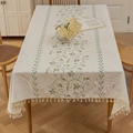 Rectangular linen tablecloth with green vine embroidery and beige tassel edge - 100x140cm / Green Ivy Pattern with Beige Tassels