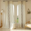 Beige cotton linen curtain with leaf print and tassel fringe for boho window decor - 140x45cm / Brown Blue Daffodil Embroidery-Rod Pocket