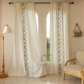 Beige cotton linen curtain with blue floral embroidery and decorative fringe tassels - 140x45cm / Brown Spiral Embroidery-Rod Pocket
