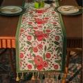 Floral jacquard table runner with fringe tassels and vintage green border trim - 35-120 / Red Camellia