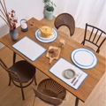White cotton placemat set with blue wavy embroidery and round heat-resistant pads - Large Square / Blue Trim