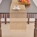 Natural beige woven table runner with tassel edges on a dark wood dining table - Khaki Hemp Rope With Small Hollowed-out Paper Tassels / Table Runner 33-92