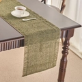 Olive green paper woven table runner with decorative fringe on dark wood dining table - Matcha Green Woven Paper Tassel Both Sides / Table Runner 33-92