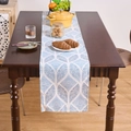 Blue and white abstract leaf pattern table runner on a dark wood dining table - Blue Barley Seedling / Double Layer Placemat 32-45