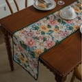 Vintage jacquard table runner with daisy pattern and dark green scalloped edges - 30cm x 120cm / Jacquard Multicolor Floral Embroidery with Green Scalloped Edge