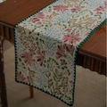 Floral table runner in cream with pink lily jacquard and green scalloped edge - 30-120 / Jacquard Pink Lily Embroidery with Green Scalloped Edge