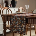 Blue vintage floral tapestry table runner with elegant wavy edges on dark wood table - 30cm x 120cm / Jacquard Red Grass Embroidery with Coffee Scalloped Edge