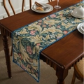 Blue-edged jacquard table runner with vintage floral patterns on dark wood - Jacquard Carnation Embroidery with Blue Scalloped Edge