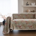 Floral cotton sofa cover with pink blossoms, green leaves and white fringe tassels - Custom Size / Pink Lily (White Tassels)