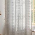 Light gray linen semi-sheer curtain with vertical texture and delicate fringe trim - 132x274 / Light Gray / Rod Pocket