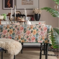 French vintage floral jacquard tablecloth with elegant dark green pompom fringe edges - 60-60 / Jacquard Multicolor Floral Embroidery with Green Scalloped Edge