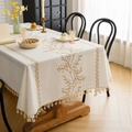 Mantel rectangular de lino beige con bordado floral amarillo y flecos decorativos - 100-140 / Bordado de Rama Amarilla (Borlas Beige)