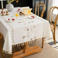 Nordic floral beige cotton linen tablecloth with elegant embroidery and tassel edges - Brown Flowers & Brown Branches Embroidery (Zhong Jian Xiu Hua Ka Hua Ka Zhi Mi Sao Ba) / 100cmx140cm