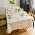 Rectangle cream floral embroidered tablecloth with delicate tassels in French cottage style - Pink Peony Embroidery (Zhong Jian Xiu Hua Fen Mu Dan Mi Sao Ba) / 100cmx140cm