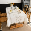 Beige rectangular tablecloth with peony embroidery and tassel fringe details - Brown Peony Embroidery (Zhong Jian Xiu Hua Ka Mu Dan Mi Sao Ba) / 100cmx140cm
