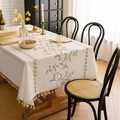 French vintage beige floral embroidered tablecloth with tassels and cotton linen texture - Brown Acacia Embroidery (Zhong Jian Xiu Hua Ka Fei He Huan Mi Sao Ba) / 100cmx140cm