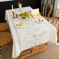 Rectangle beige linen tablecloth with blue floral vine print and fringe tassels - Blue Gray Acacia Embroidery (Zhong Jian Xiu Hua Lan Hui He Huan Mi Sao Ba) / 100cmx140cm