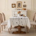 Mantel rectangular de algodón y lino crema con bordados y bordes de flecos - Estilo de Lirio Calla Gris / 140x240cm