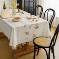 Elegant beige embroidered tablecloth with golden leaf patterns and fringe tassel edges - Hoya & Brown Leaves Embroidery (Zhong Jian Xiu Hua Qiu Lan Ka Ye Mi Sao Ba) / 100cmx140cm