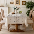 Rectangle cream tablecloth with blue floral embroidery and fringe trim in a retro room - Blue Spider Lily Style / 140x100CM