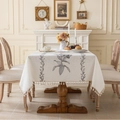 Rectangular off-white cotton linen tablecloth with grey floral prints and tassels - Grey Lily Style / 140x100CM