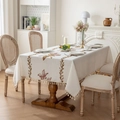 Rectangular cream tablecloth featuring brown floral embroidery and fringe tassels - Purple Lily Style / 140x100CM
