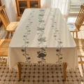 Cream rectangular linen tablecloth with green floral embroidery and tassel fringe edges - Grey Rose Style / 140x100CM