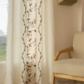 Bohemian cream linen curtain featuring brown vine embroidery and beige fringe tassels - Embroidered Brown Rose Broom Handle / 140-91