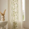 Beige linen curtains with green vine embroidery and fringe tassels in natural light - Embroidered Green Rose Rice Broom Handle / 140-91