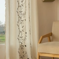 Beige semi-sheer linen curtain with brown floral vine embroidery and tassel edges - 140cmx45cm