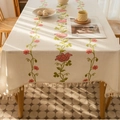 Beige floral embroidered tablecloth with elegant tassel edges for a rustic dining table - Rose Red Rose Style / 140x100CM