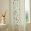 Beige floral embroidered curtain with green vines and pink flowers with elegant tassels - 140-91 / Pink Lycoris-Hook