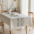 Beige cotton linen tablecloth with gray geometric patterns and corner tassels - 140cm x 100cm / Black Gray Hexagon