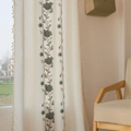 Beige embroidered curtain with green floral patterns and tassels for windows - Grey Rose With Stem-mounted Style / 140x45