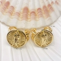 Detail of gold religious Virgin Mary embossed earrings with size and weight info - Religious Madonna Relief (Style 109)