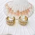 Elegant double-layered C-shaped gold ear clips with white pearls and fine crystals - Style 22