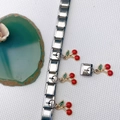 Detail view of Italian charm bracelet with red cherry pendants and stainless steel links - Silver Cherry Style (Style 55) / 1 Piece Only (Charm Link Only)