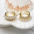 U-shaped non-pierced gold ear cuff with white pearls and micro-pave zircons - Single Row Artificial Pearl & Rhinestone Style (25 Styles) / Gold
