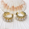 Gold-plated C-shaped ear cuff featuring row of white pearls and rectangular cubic zirconia - 3-Tier Step Artificial Pearl Style (51 Styles)