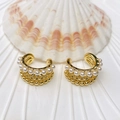 Golden double-layer ear cuff with white faux pearls and gold beads for non-pierced ears - Artificial Pearl Round Bead C-Shape Style (52 Styles)